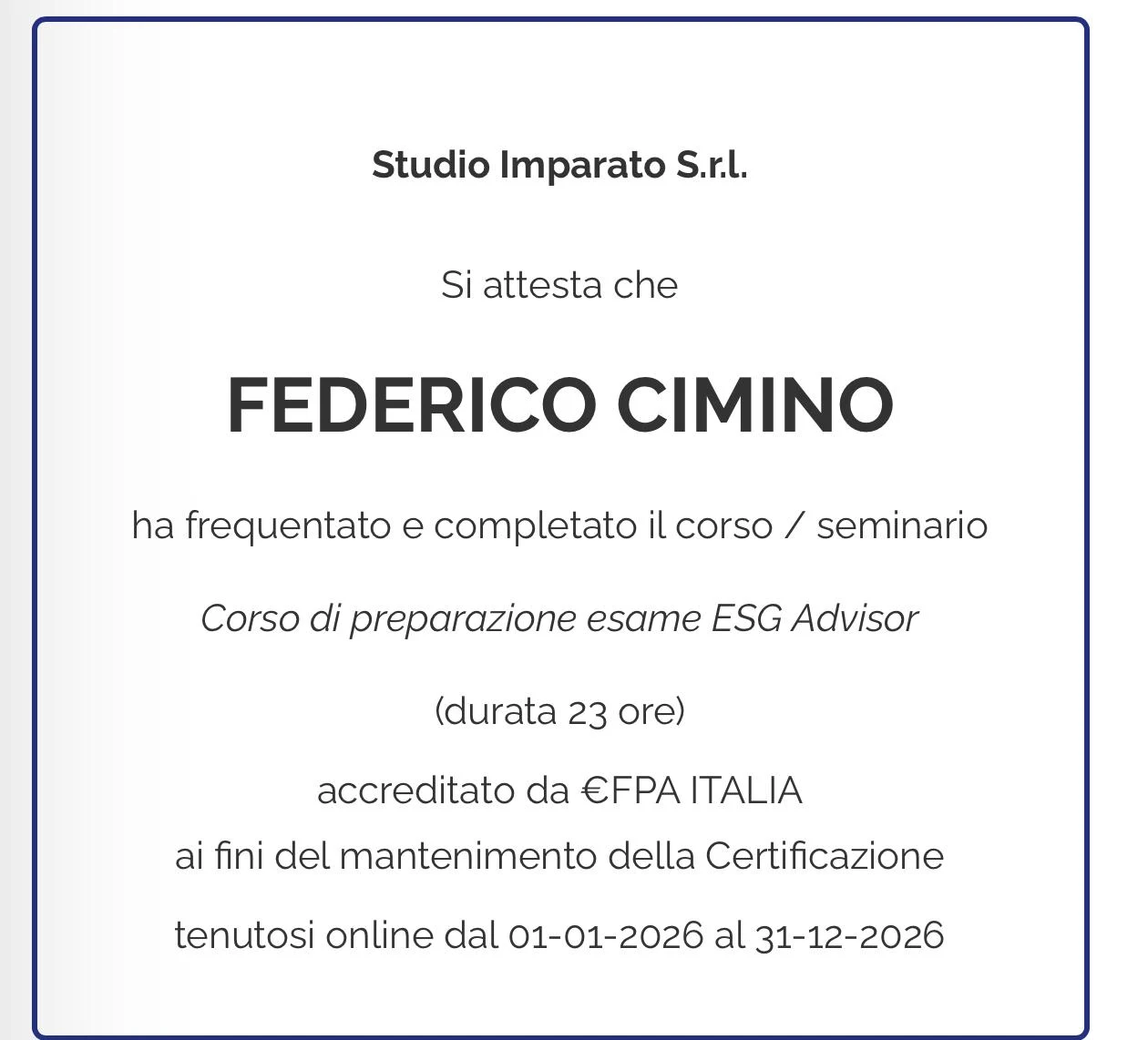Certificato ESG Advisor IBH